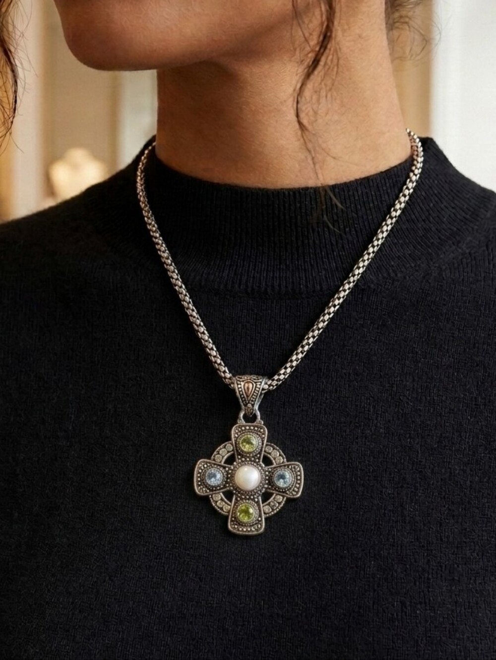 Sterling Silver 18k Gold Pearl Cabochon/Topaz/Peridot Pendant